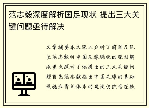 范志毅深度解析国足现状 提出三大关键问题亟待解决 范志毅深度解析国足现状 提出三大关键问题亟待解决
