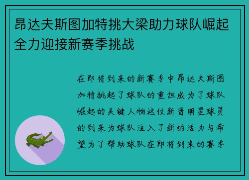 昂达夫斯图加特挑大梁助力球队崛起全力迎接新赛季挑战 昂达夫斯图加特挑大梁助力球队崛起全力迎接新赛季挑战