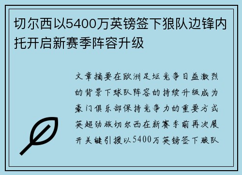 切尔西以5400万英镑签下狼队边锋内托开启新赛季阵容升级