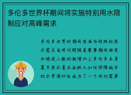 多伦多世界杯期间将实施特别用水限制应对高峰需求