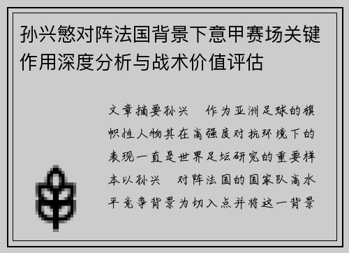 孙兴慜对阵法国背景下意甲赛场关键作用深度分析与战术价值评估 孙兴慜对阵法国背景下意甲赛场关键作用深度分析与战术价值评估